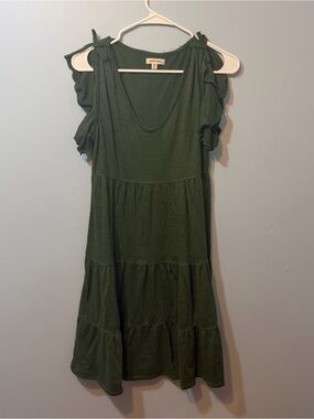Max Studio Olive Green Ruffle-Shoulder Midi Dress